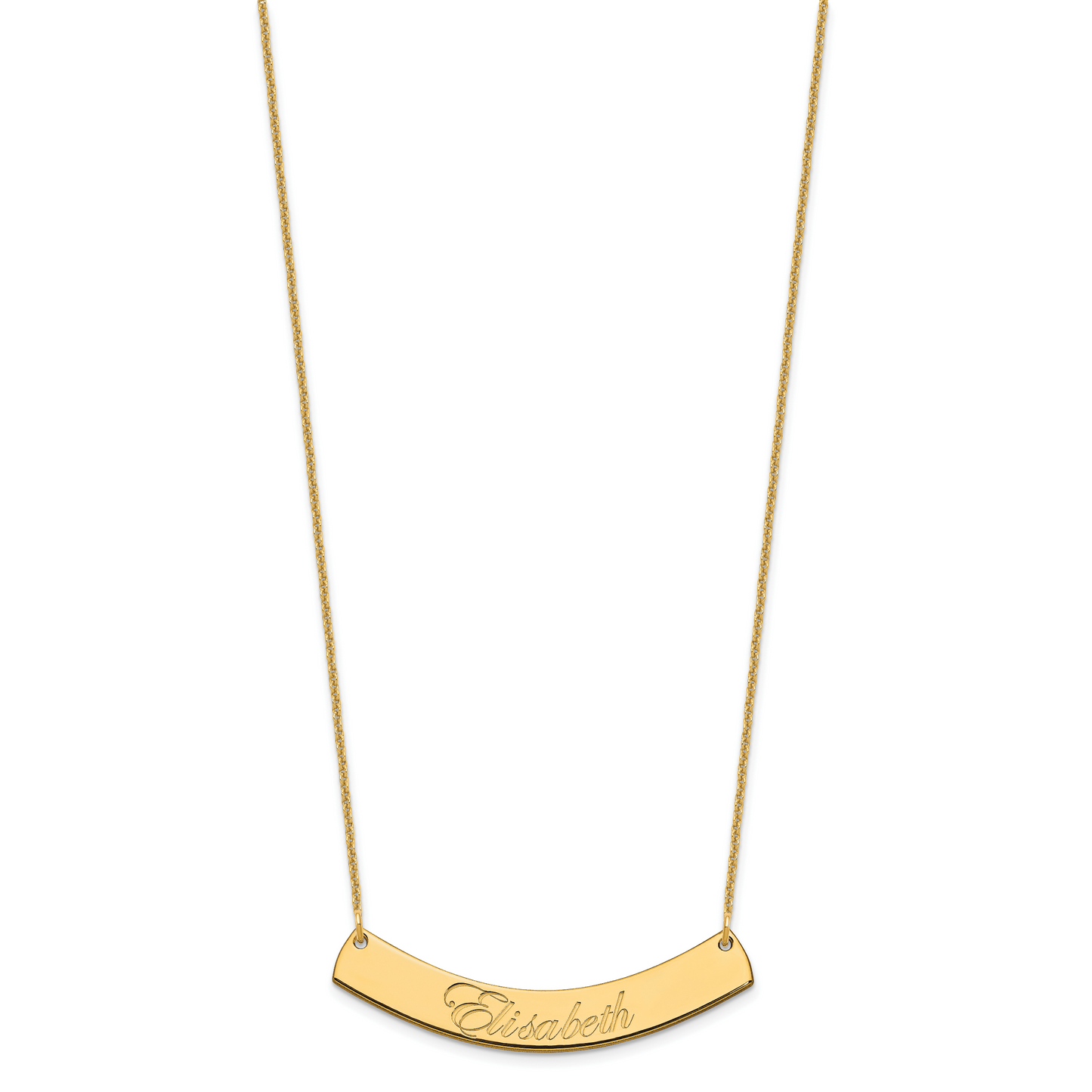 14K Yellow Gold Medium Polished Curved Edwardian Script Bar Necklace