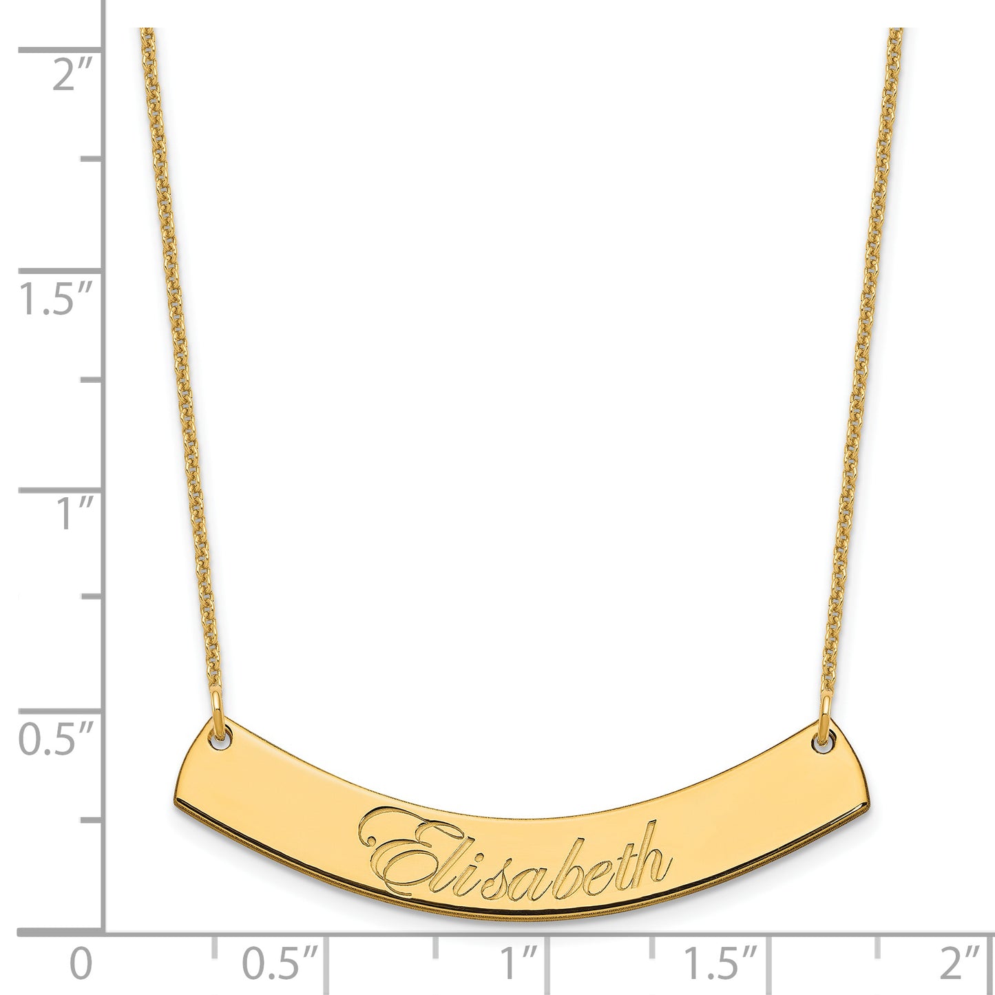 14K Yellow Gold Medium Polished Curved Edwardian Script Bar Necklace