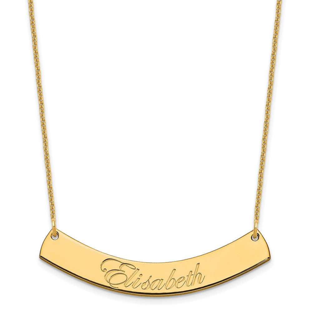 14K Yellow Gold Medium Polished Curved Edwardian Script Bar Necklace