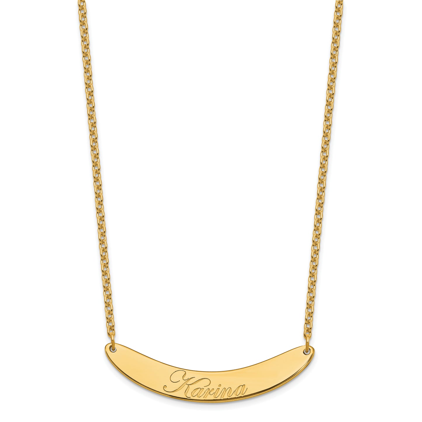 Sterling Silver Gold Plated Medium Polished Curved Edwardian Script Bar Necklace