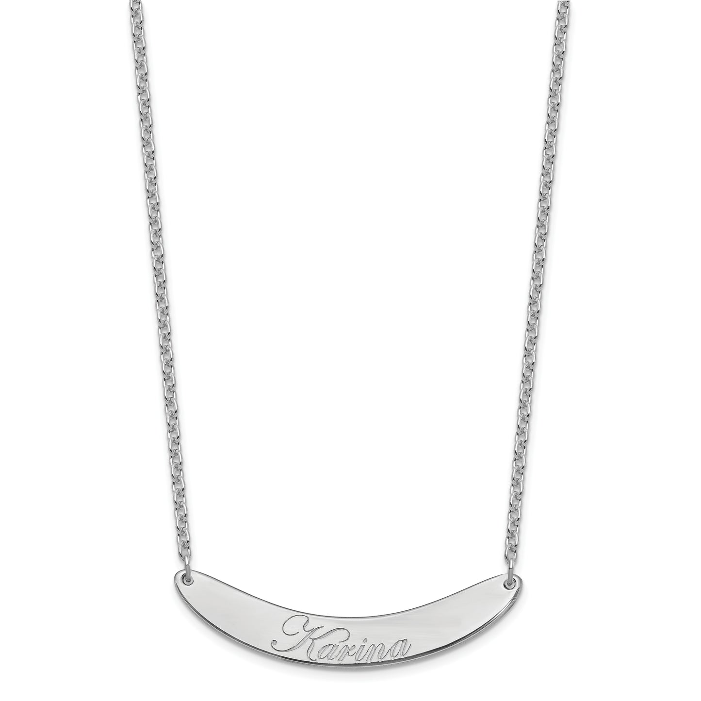 Sterling Silver Rhodium plated Medium Polished Curved Edwardian Script Bar Necklace