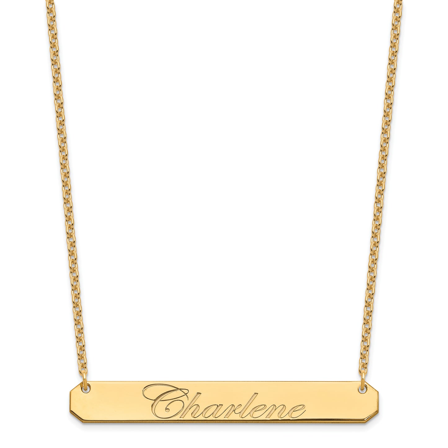 Sterling Silver Gold Plated Large Polished Edwardian Script Bar Necklace