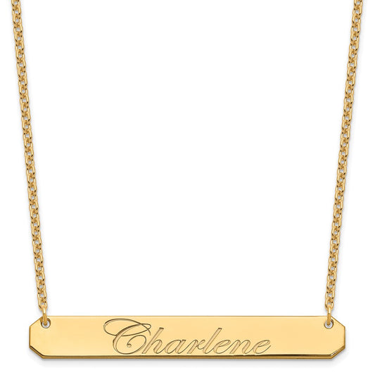 Sterling Silver Gold Plated Large Polished Edwardian Script Bar Necklace
