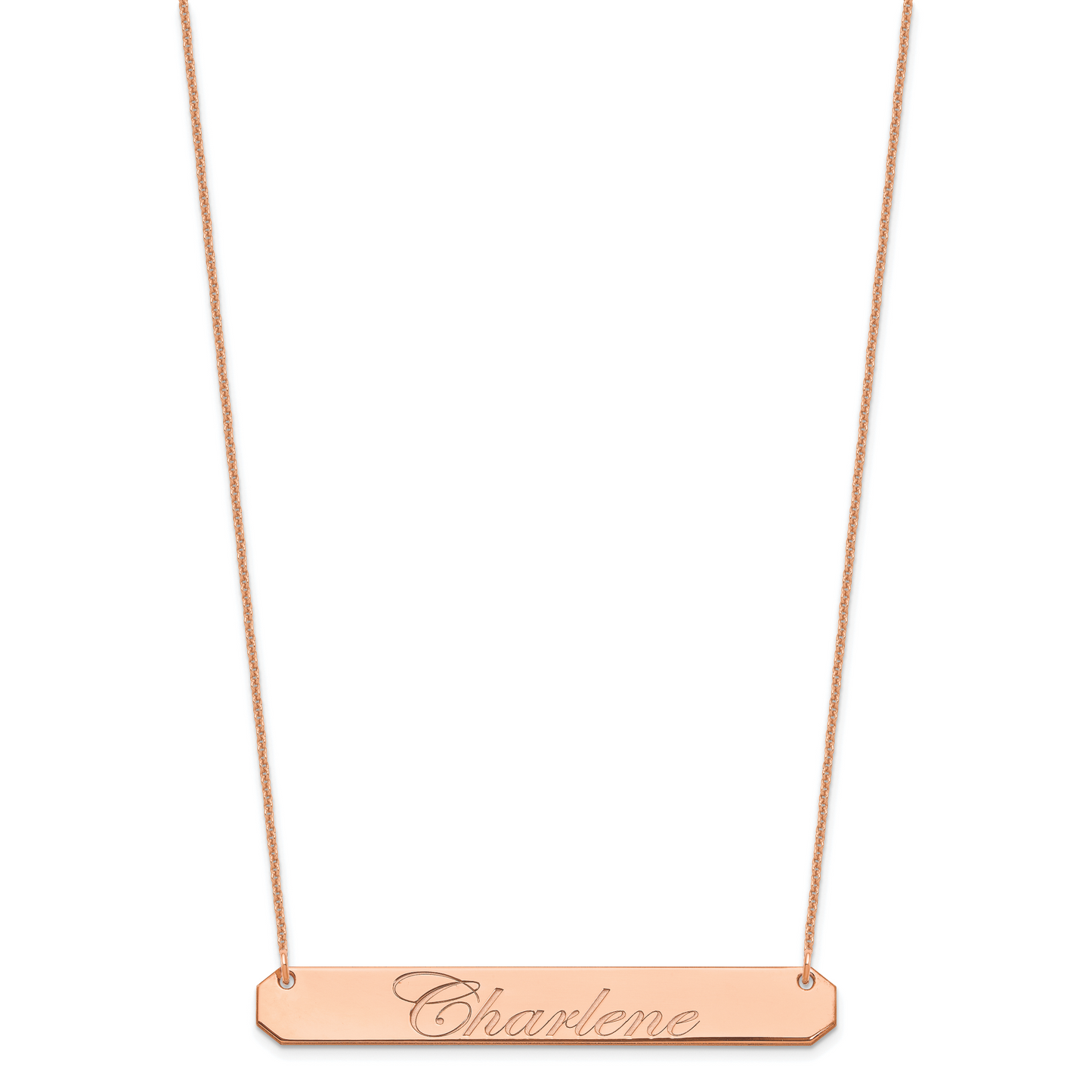 14K Rose Gold Large Polished Edwardian Script Bar Necklace