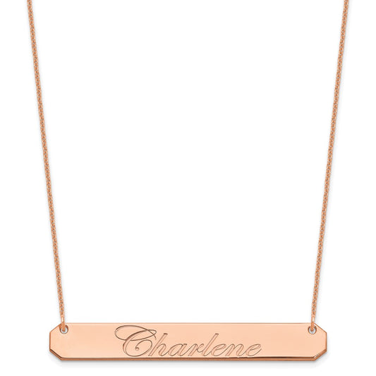 14K Rose Gold Large Polished Edwardian Script Bar Necklace