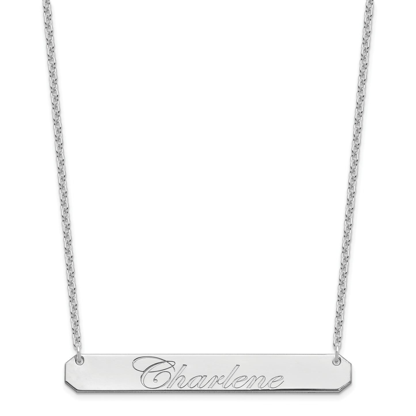 Sterling Silver Rhodium plated Large Polished Edwardian Script Bar Necklace