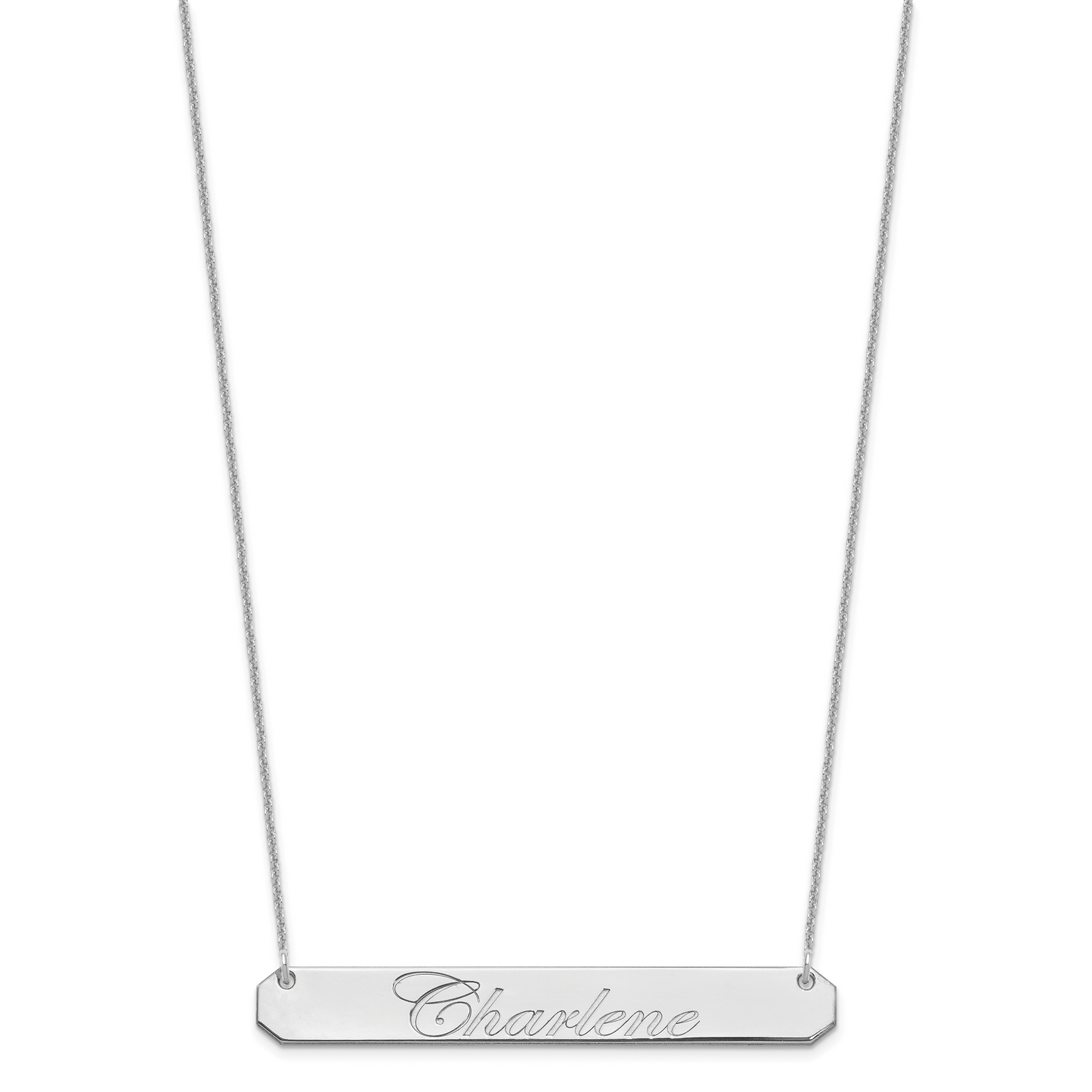 14K White Gold Large Polished Edwardian Script Bar Necklace