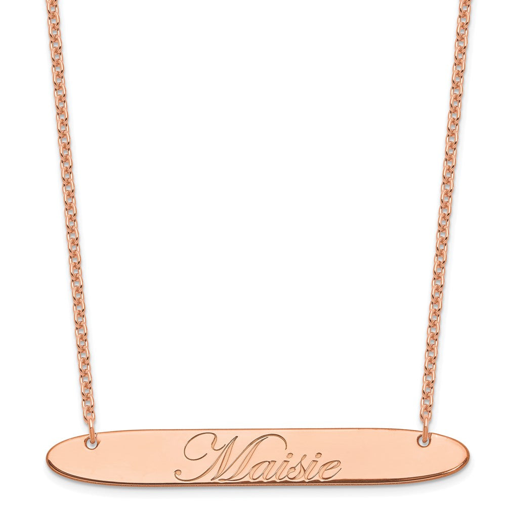 Sterling Silver Rose Gold plated Large Polished Oblong Edwardian Script Bar Necklace