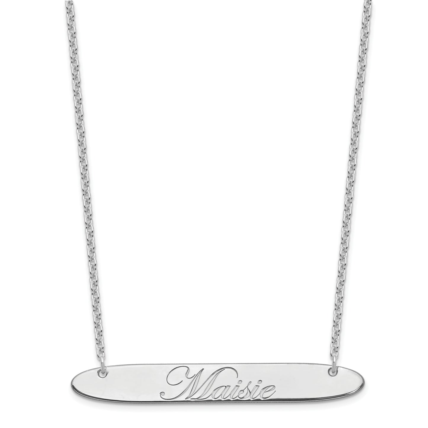 Sterling Silver Rhodium plated Large Polished Oblong Edwardian Script Bar Necklace