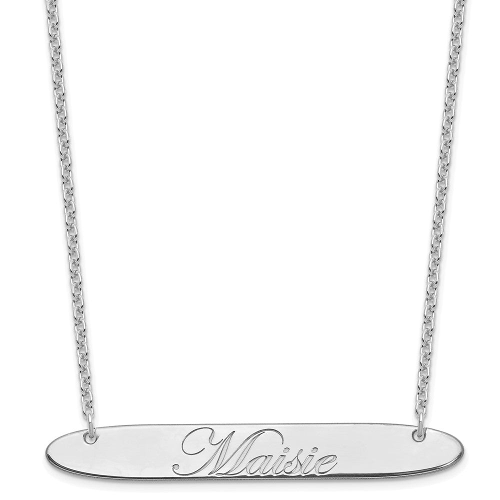 Sterling Silver Rhodium plated Large Polished Oblong Edwardian Script Bar Necklace