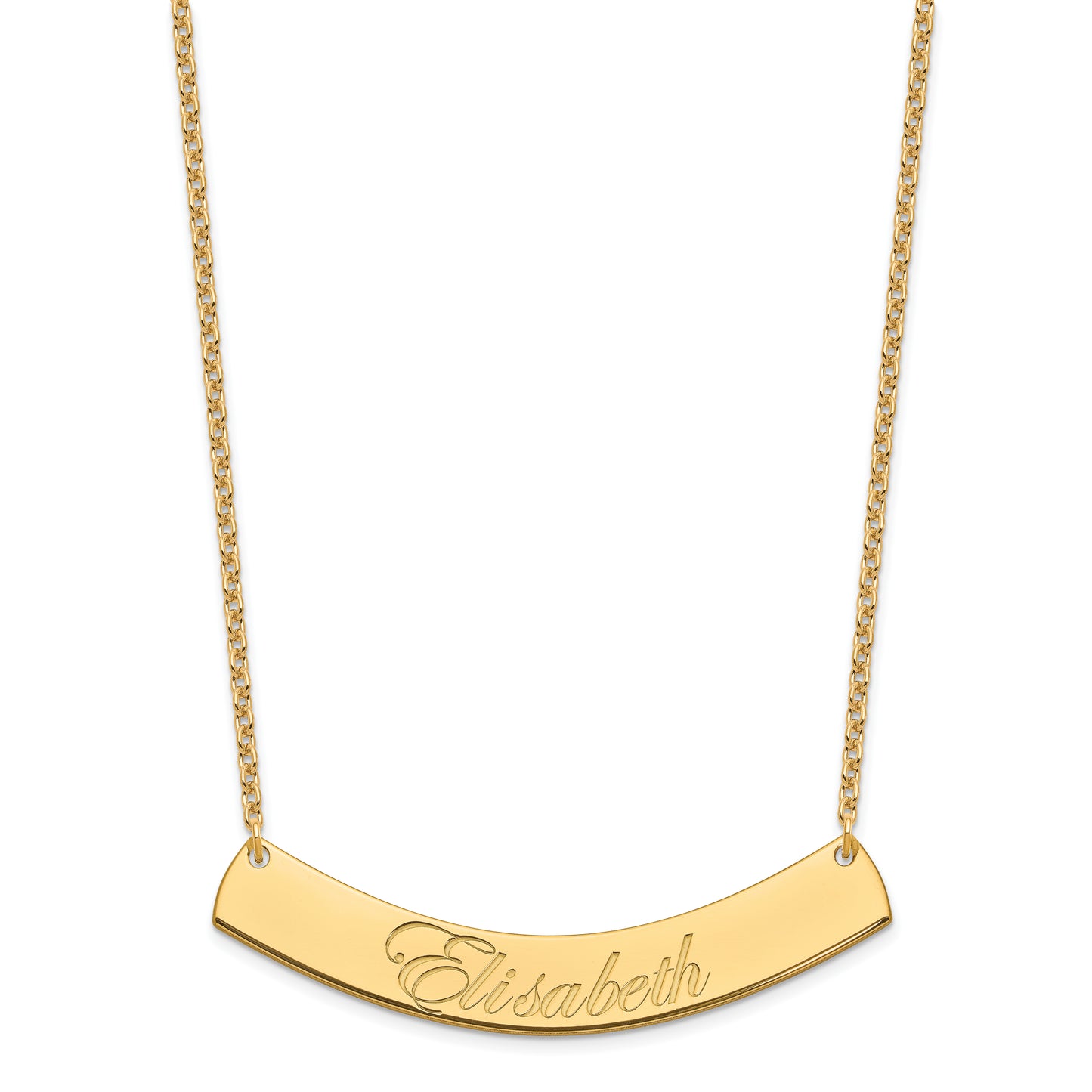 Sterling Silver Gold Plated Large Polished Curved Edwardian Script Bar Necklace