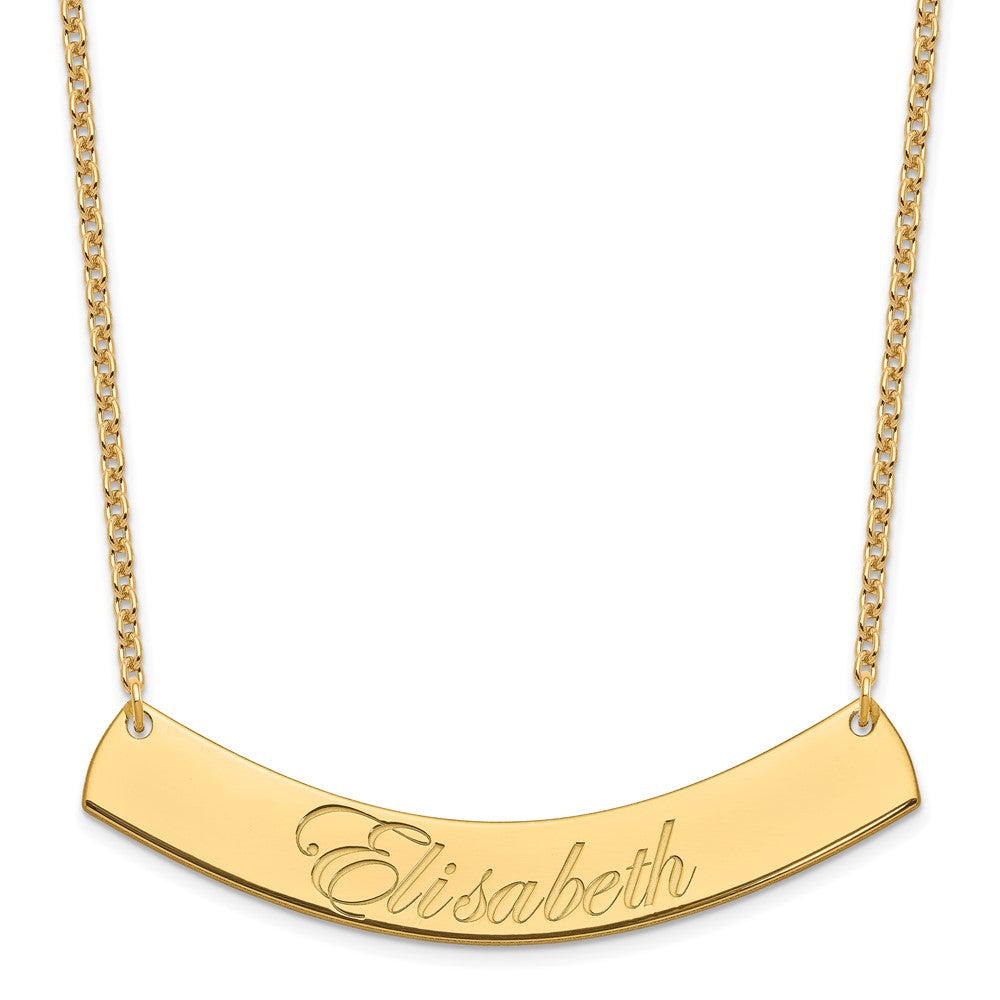 Sterling Silver Gold Plated Large Polished Curved Edwardian Script Bar Necklace