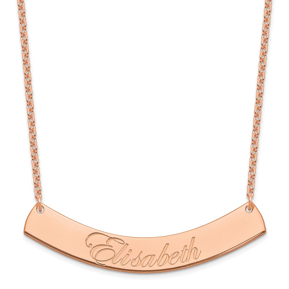 Sterling Silver Rose Gold plated Large Polished Curved Edwardian Script Bar Necklace