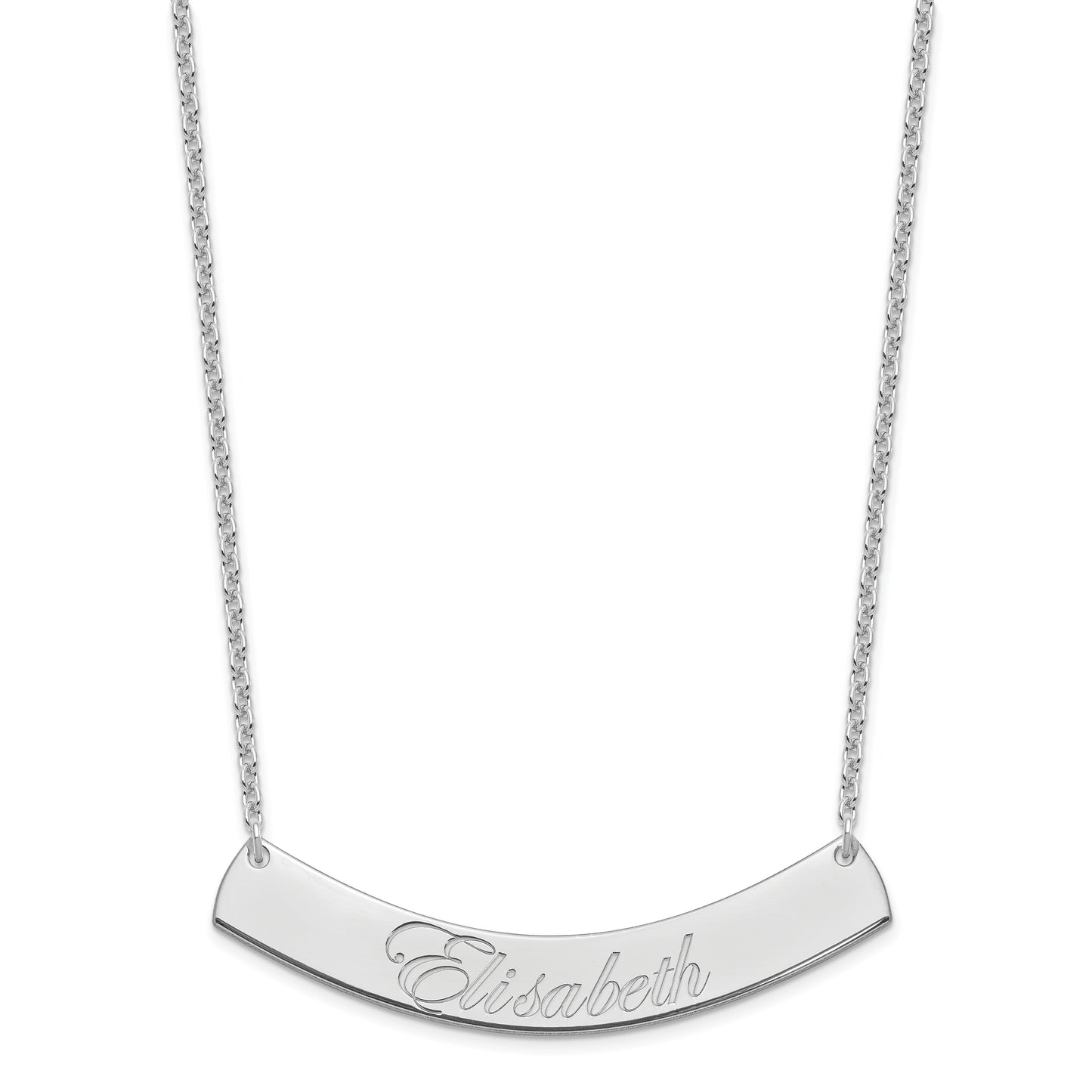 Sterling Silver Rhodium plated Large Polished Curved Edwardian Script Bar Necklace