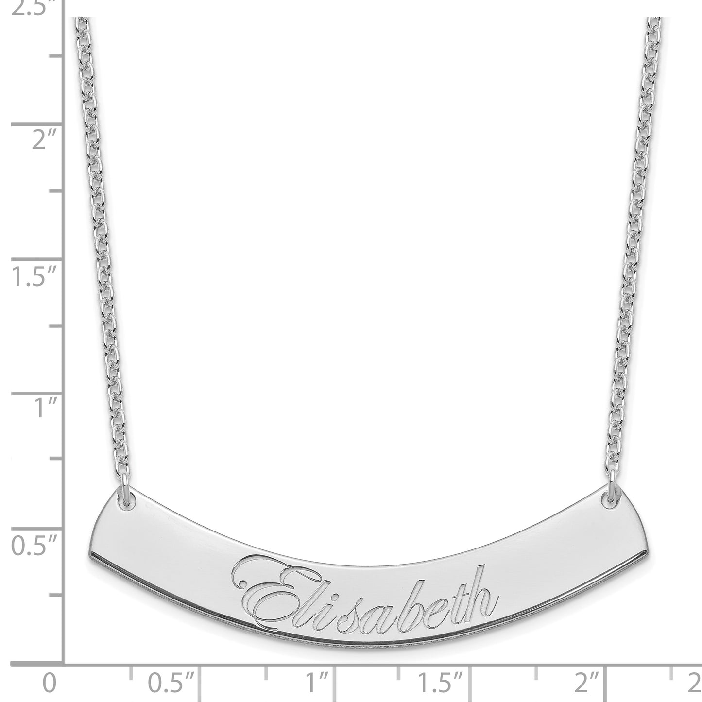 Sterling Silver Rhodium plated Large Polished Curved Edwardian Script Bar Necklace
