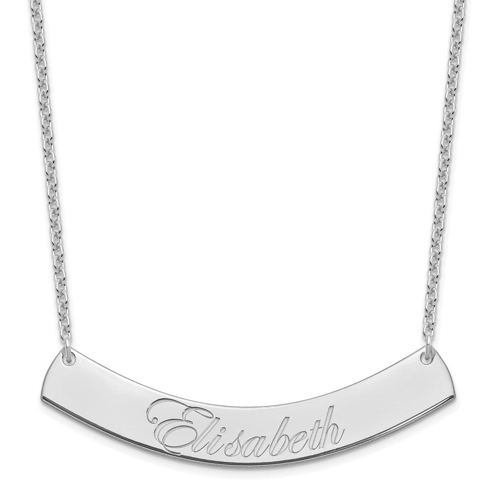 Sterling Silver Rhodium plated Large Polished Curved Edwardian Script Bar Necklace