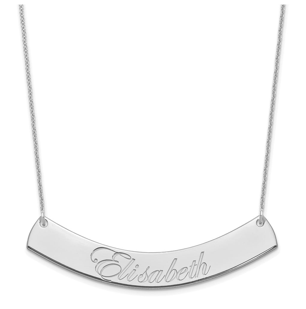 10k White Gold Large EDWARDIAN SCRIPT Curved Bar Necklace – Elegant Jewelry Gift for Birthday, Anniversary, Engagement, Wedding