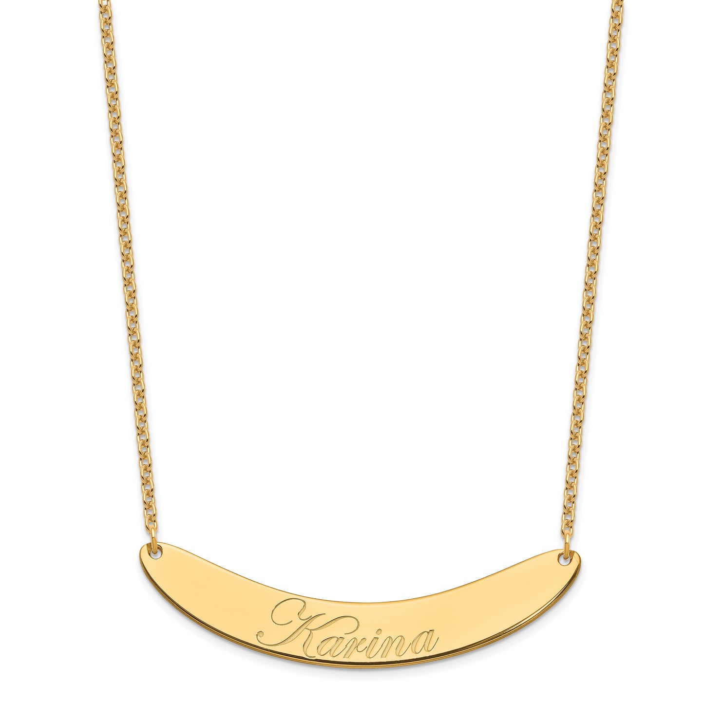 Sterling Silver Gold Plated Large Polished Curved Edwardian Script Bar Necklace