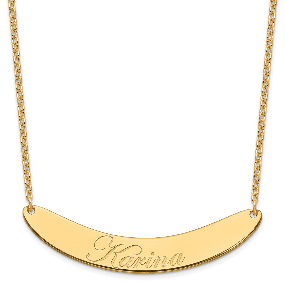 Sterling Silver Gold Plated Large Polished Curved Edwardian Script Bar Necklace