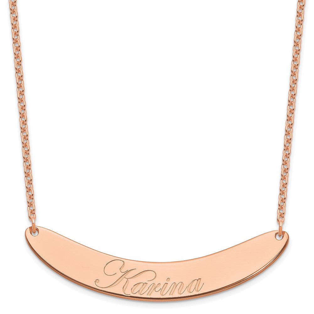 Sterling Silver Rose Gold plated Large Polished Curved Edwardian Script Bar Necklace