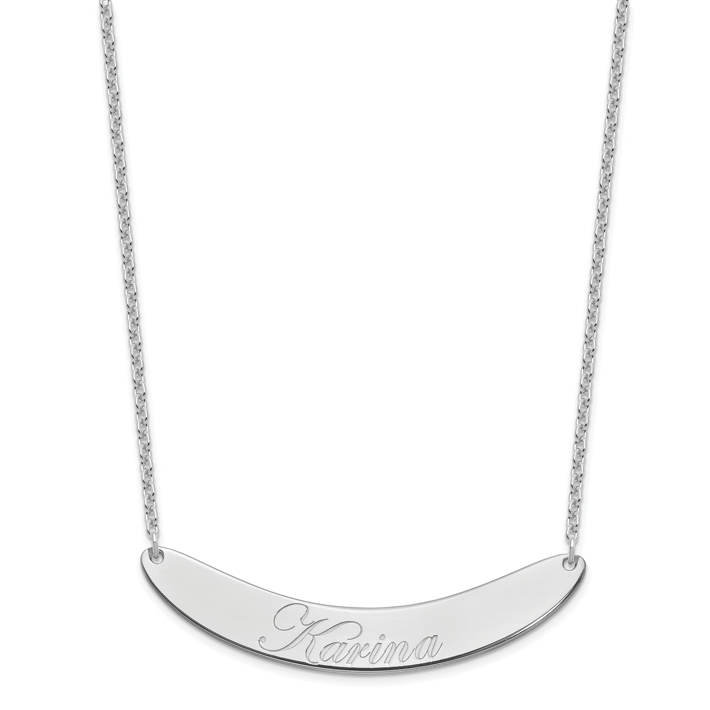 Sterling Silver Rhodium plated Large Polished Curved Edwardian Script Bar Necklace