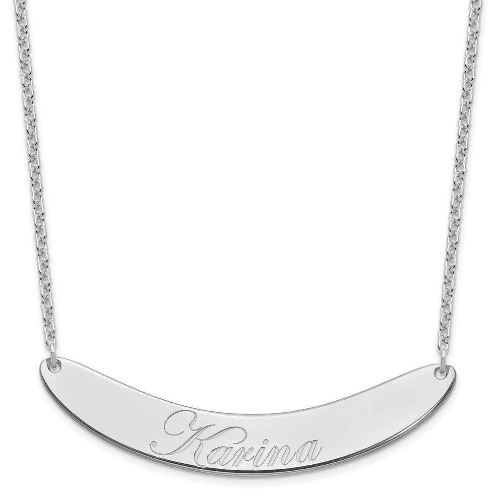 Sterling Silver Rhodium plated Large Polished Curved Edwardian Script Bar Necklace