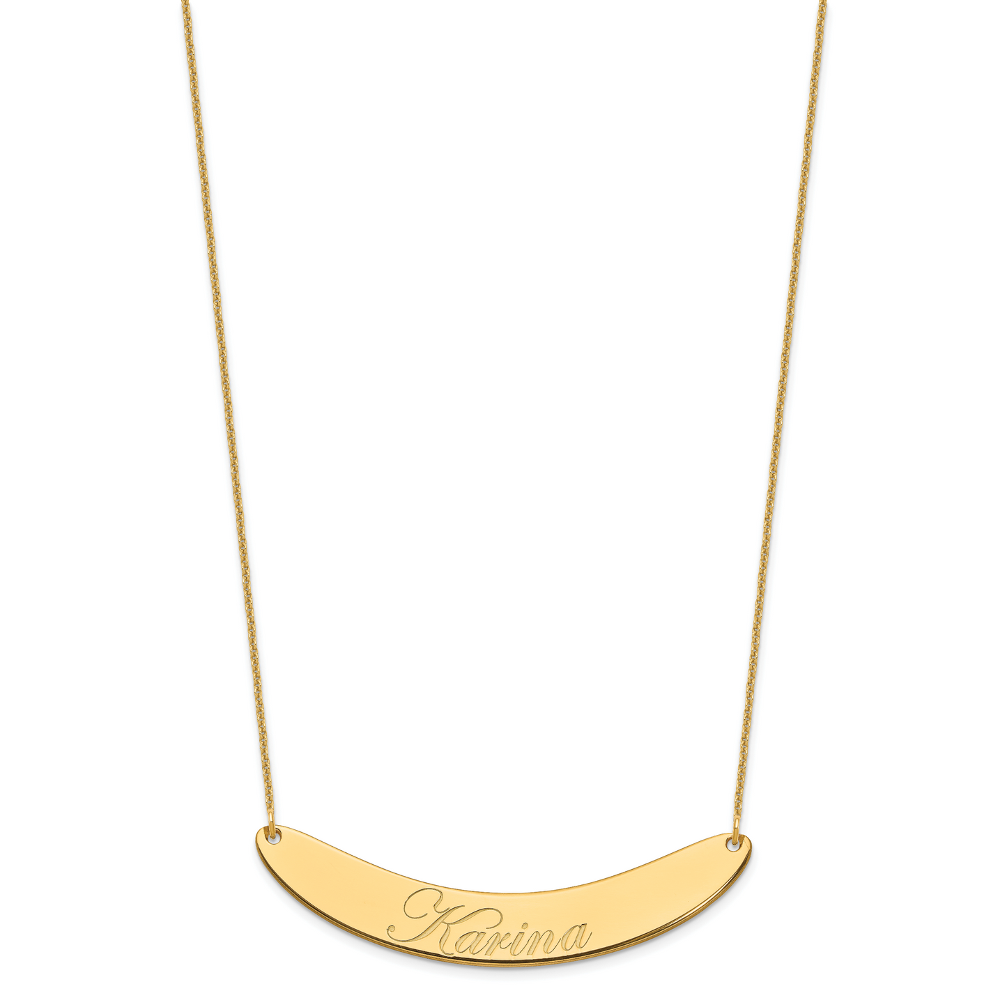 14K Yellow Gold Large Polished Curved Edwardian Script Bar Necklace