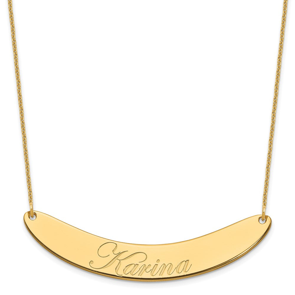 14K Yellow Gold Large Polished Curved Edwardian Script Bar Necklace