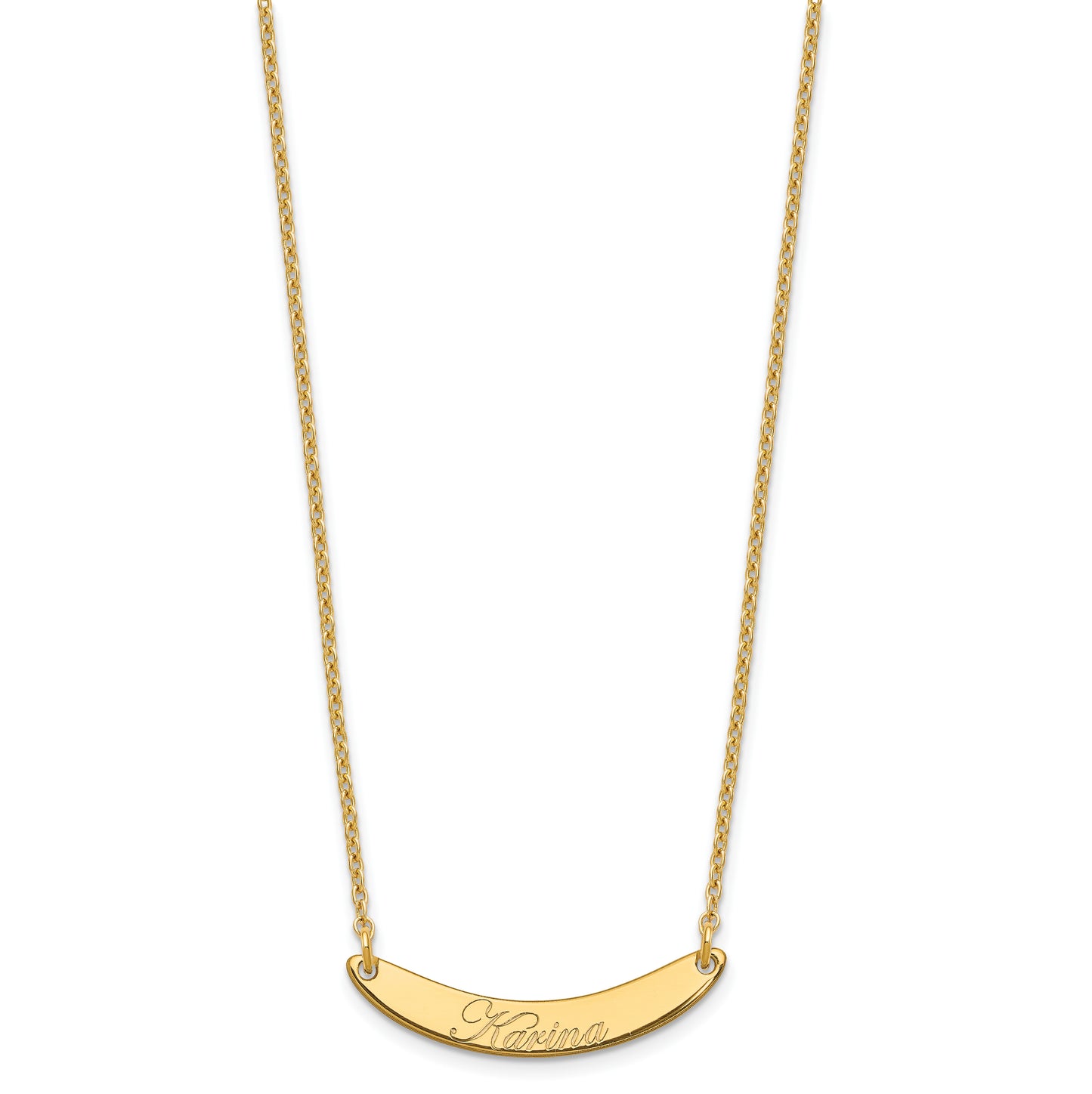 Sterling Silver Gold Plated Small Polished Curved Edwardian Script Bar Necklace