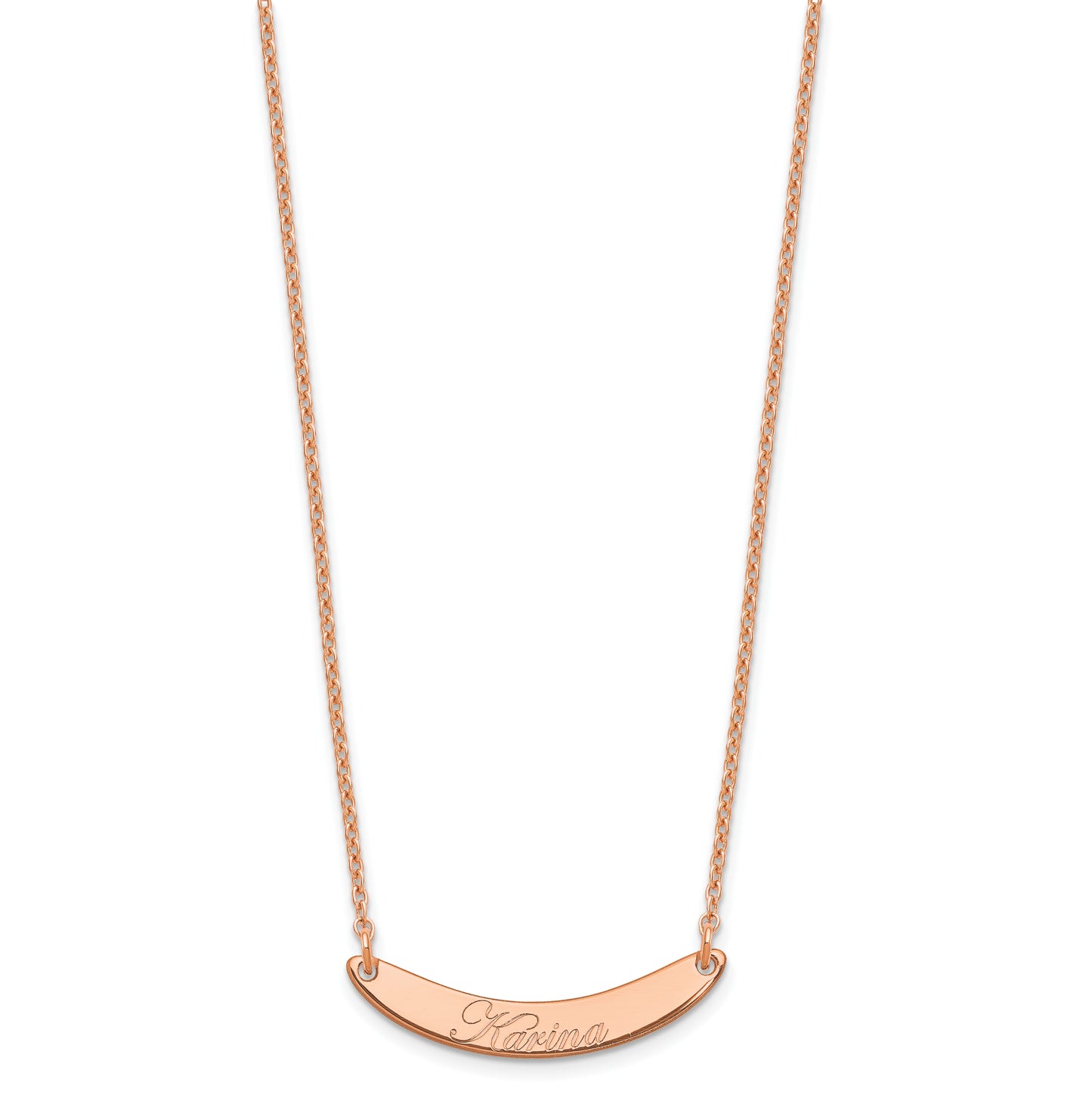 Sterling Silver Rose Gold plated Small Polished Curved Edwardian Script Bar Necklace