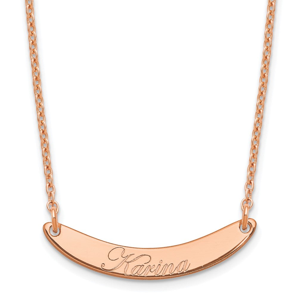 Sterling Silver Rose Gold plated Small Polished Curved Edwardian Script Bar Necklace