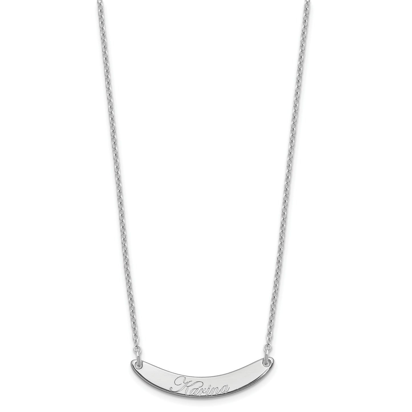 Sterling Silver Rhodium plated Small Polished Curved Edwardian Script Bar Necklace
