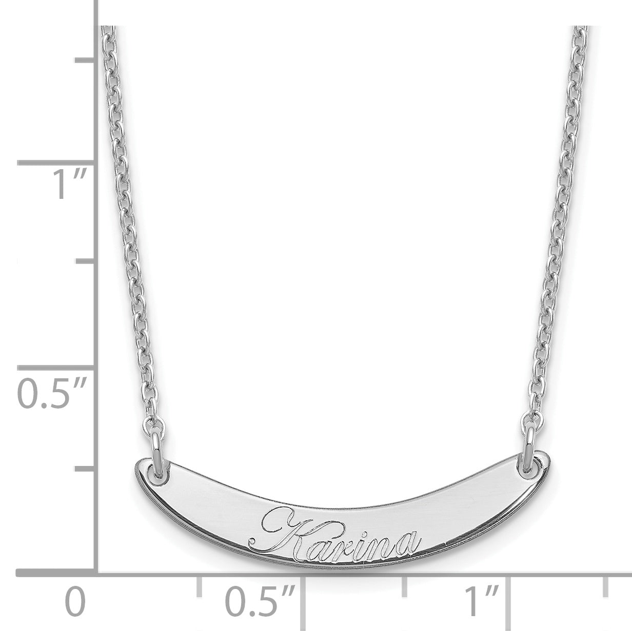 Sterling Silver Rhodium plated Small Polished Curved Edwardian Script Bar Necklace