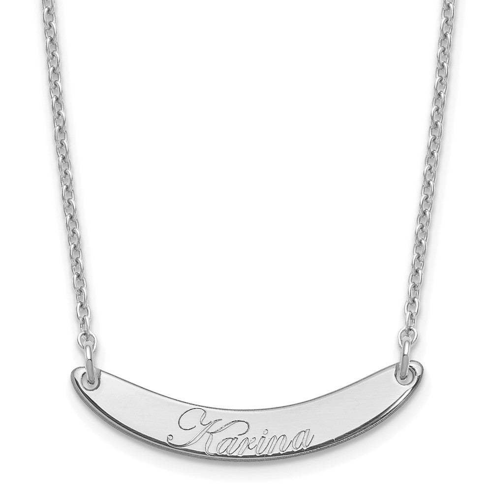 Sterling Silver Rhodium plated Small Polished Curved Edwardian Script Bar Necklace