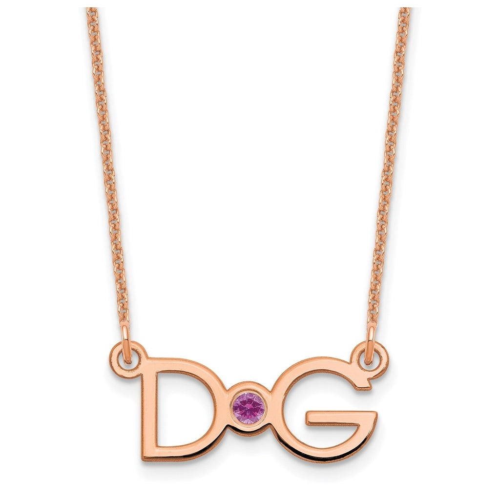 14K Rose Gold Medium 2 Initial with 14k Bezel Birthstone Necklace