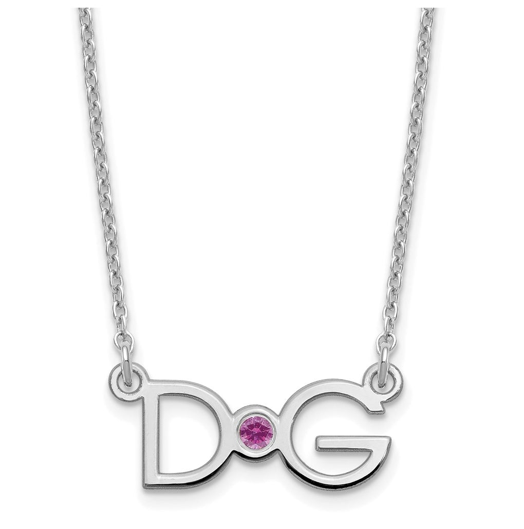 Sterling Silver Rhodium plated Medium 2 Initial with Birthstone Necklace