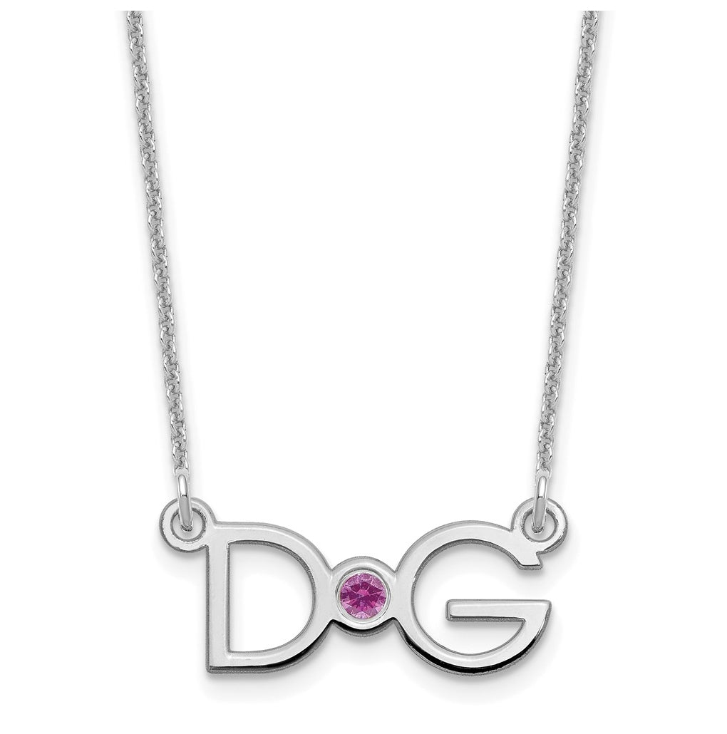 10K White Gold Medium 2 Initial with 14k Bezel Birthstone Necklace