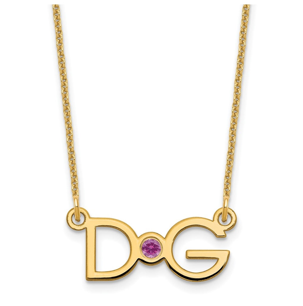 14K Yellow Gold Medium 2 Initial w/ 14K Yellow Gold Bezel Birthstone Necklace