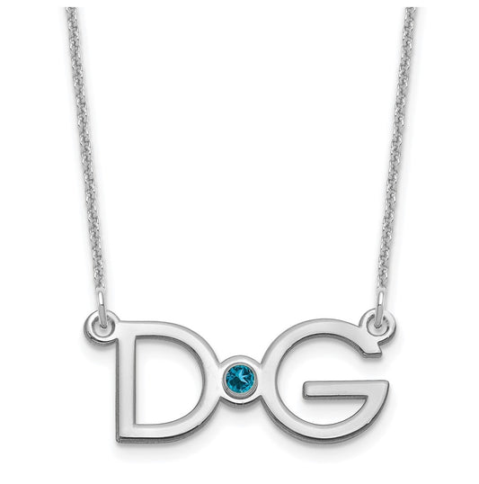 14K White Gold Large 2 Initial with 14k Bezel Birthstone Necklace