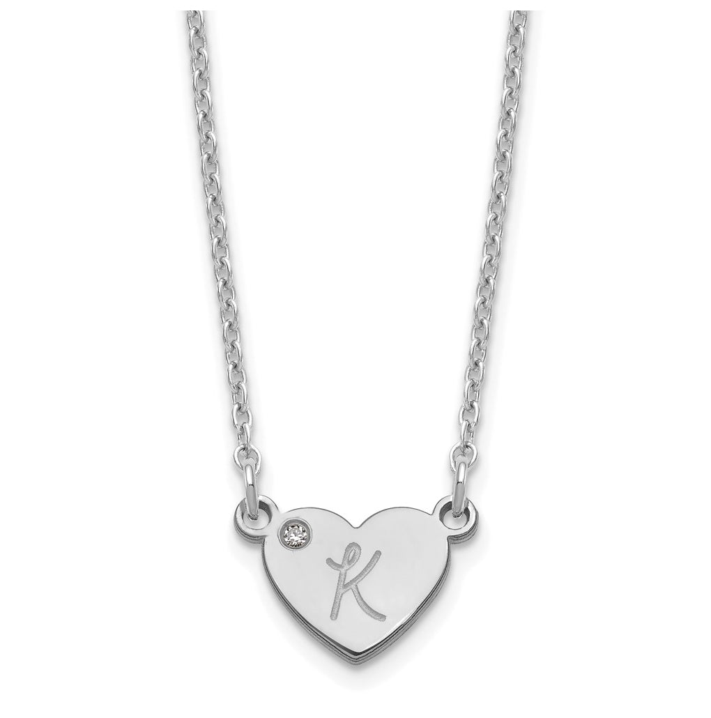 Sterling Silver Rhodium Plated Initial Heart with Diamond Necklace