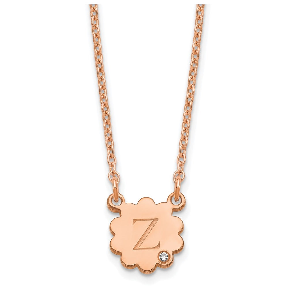 Sterling Silver Rose Gold plated Initial Flower with Diamond Necklace