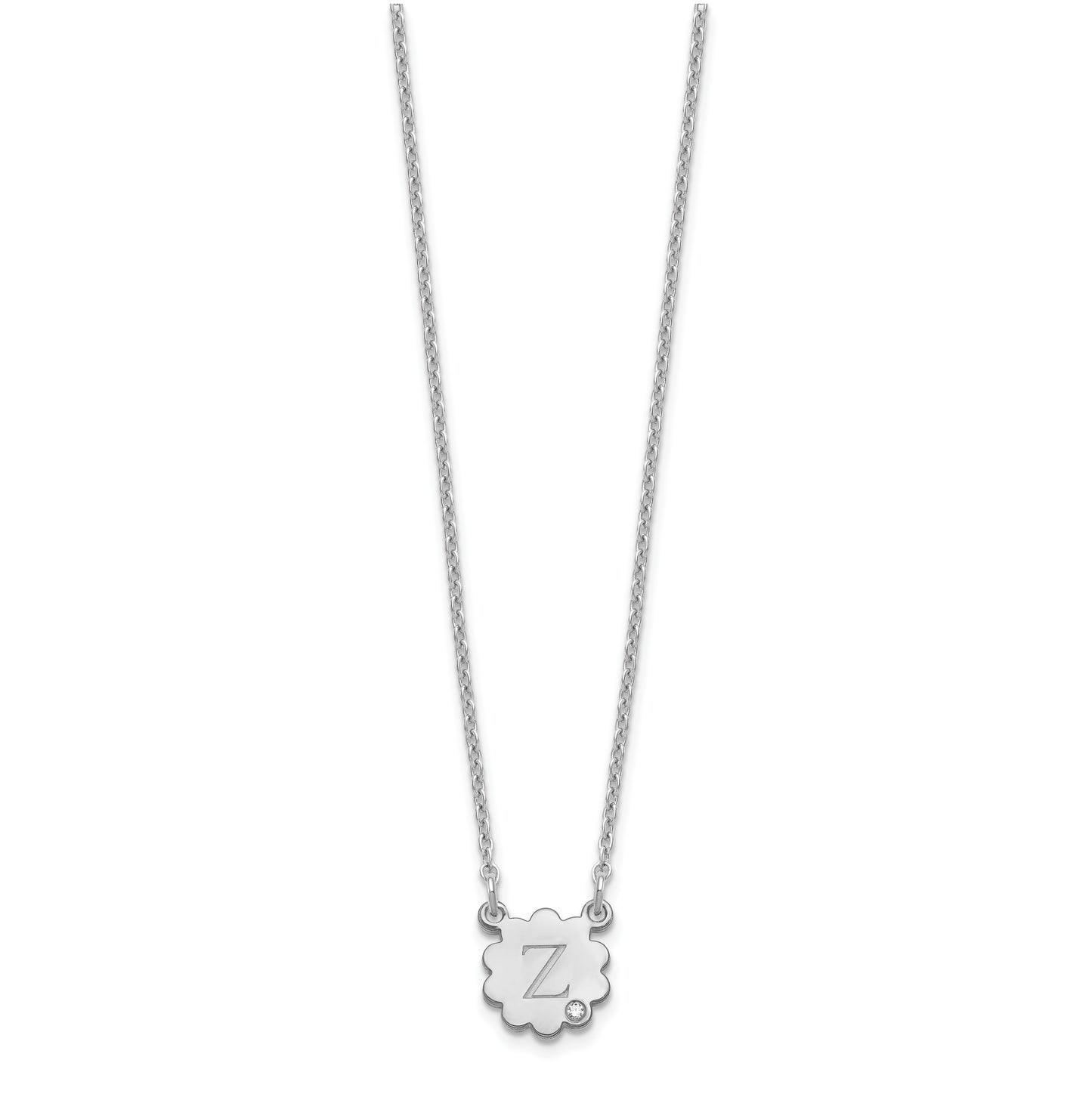 Sterling Silver Rhodium plated Initial Flower with Diamond Necklace
