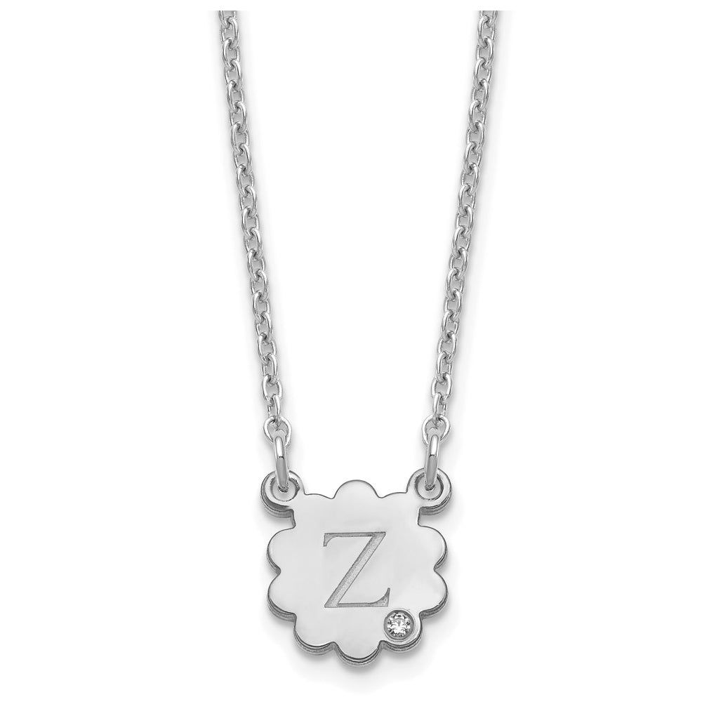 Sterling Silver Rhodium plated Initial Flower with Diamond Necklace
