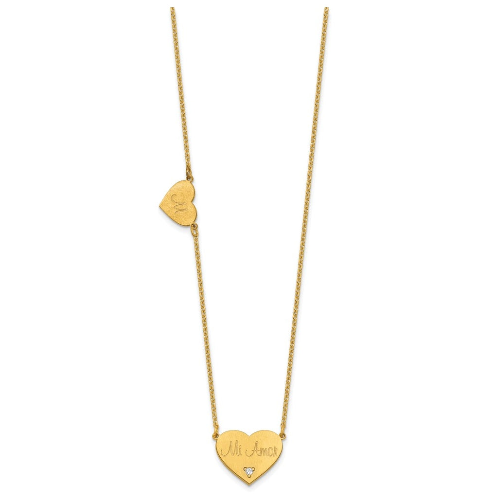 14K Yellow Or White Or Rose Gold Or Sterling Silver Brushed Station Heart Diamond Necklace