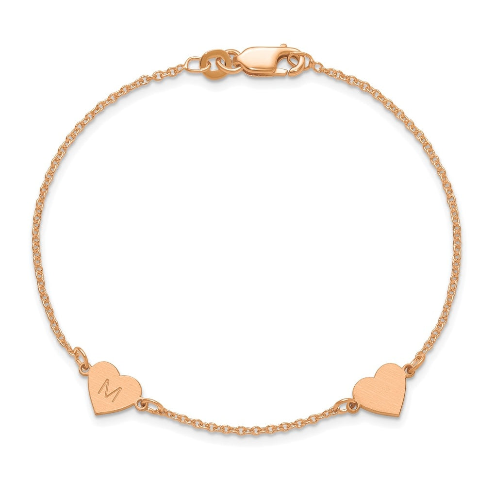 14K Yellow Or White Or Rose Gold Or Sterling Silver Brushed Station Heart Bracelet