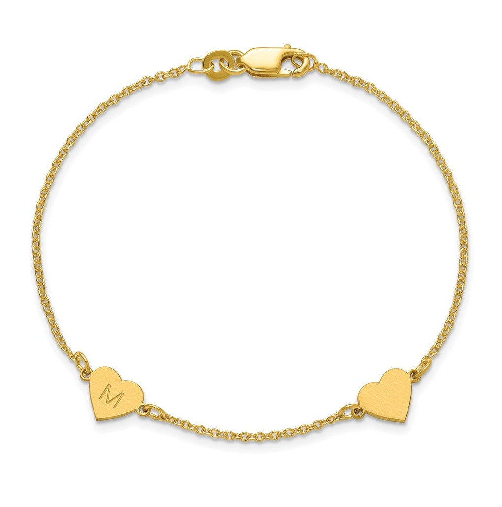 14K Yellow Or White Or Rose Gold Or Sterling Silver Brushed Station Heart Bracelet
