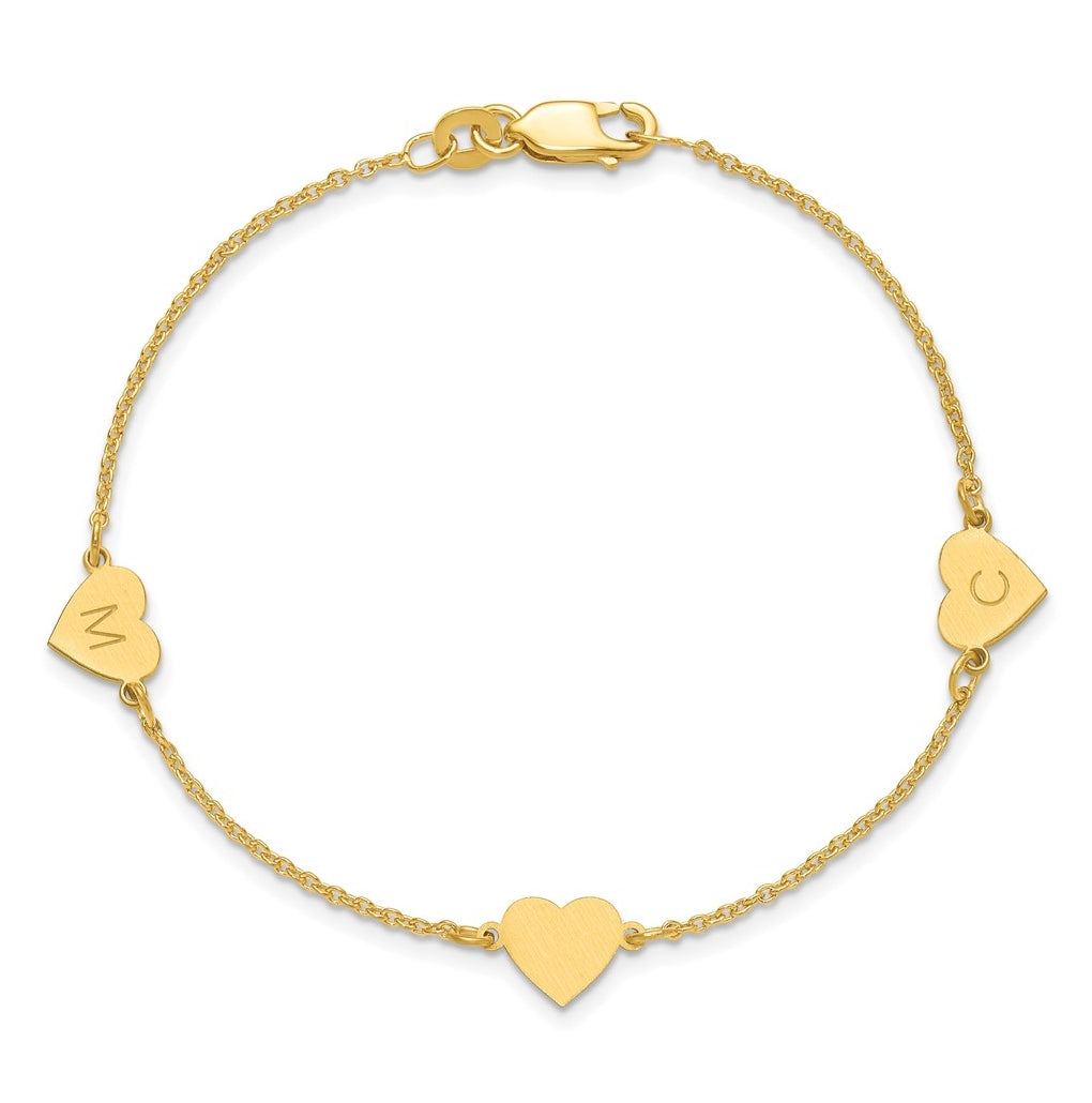 14K Yellow Or White Or Rose Gold Or Sterling Silver Brushed Station Heart Bracelet