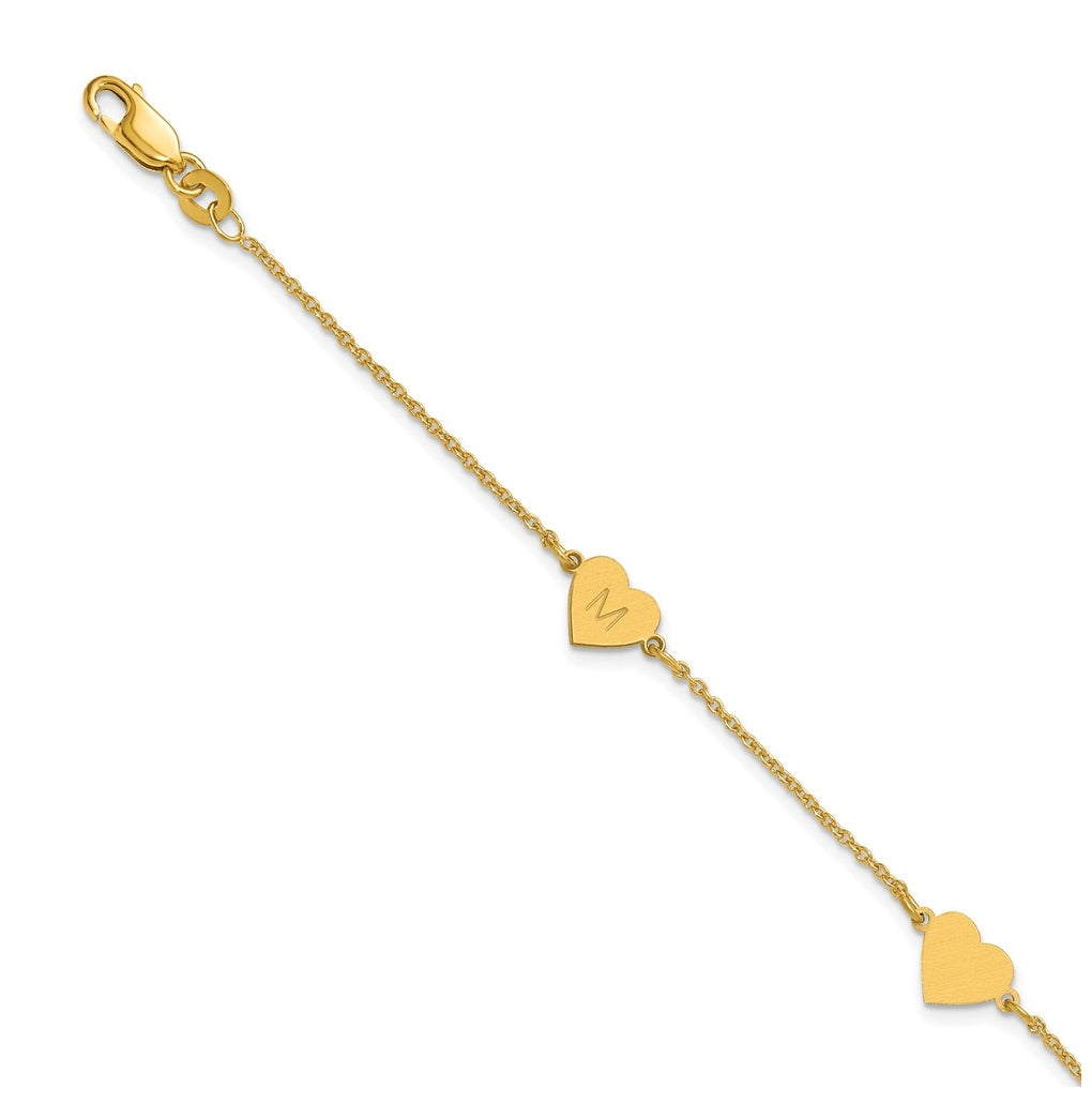 14K Yellow Or White Or Rose Gold Or Sterling Silver Brushed Station Heart Bracelet