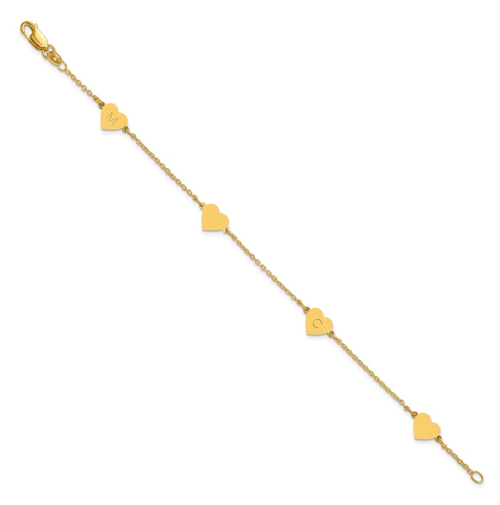 14K Yellow Or White Or Rose Gold Or Sterling Silver Brushed Station Heart Bracelet