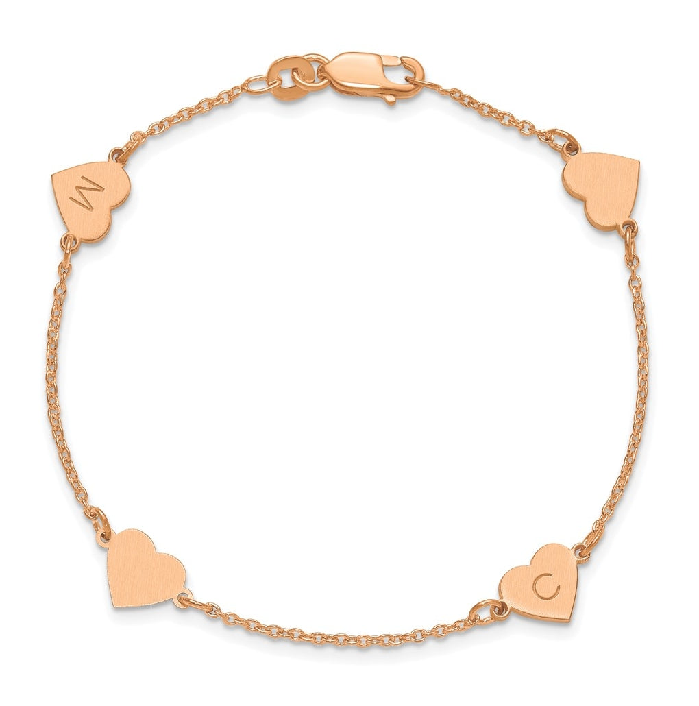 14K Yellow Or White Or Rose Gold Or Sterling Silver Brushed Station Heart Bracelet